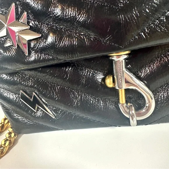 New Rebecca Minkoff Edie Leather Crossbody Bag Black Celestial Charm Quilted - Picture 11 of 14